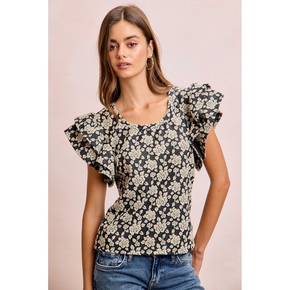 BiBi Floral Jacquard Ruffle Sleeves Knit Top - Black/Grey - Small